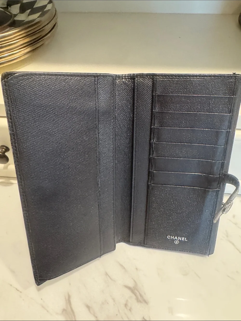 CHANEL Black Leather Long Wallet with CC Button Strap